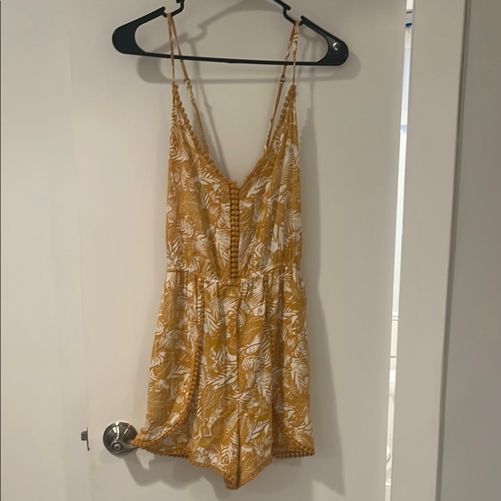 Xhilaration Mustard and White Leaf Print Romper